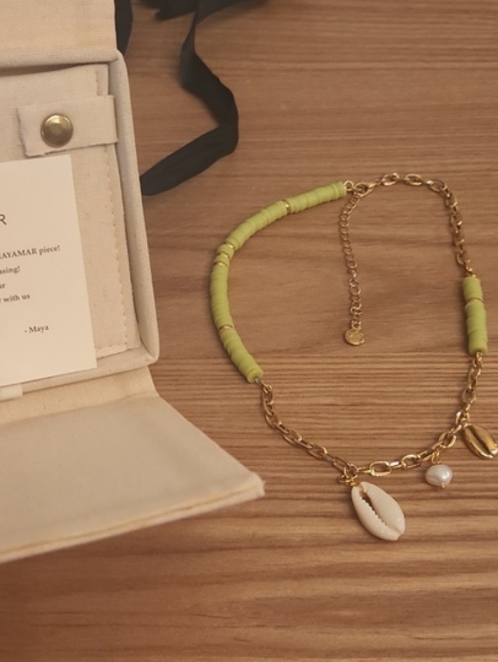MAYAMAR x Invicta Lime Green Heishi Charm Necklace Cowrie Shell Pearl - Picture 2 of 5